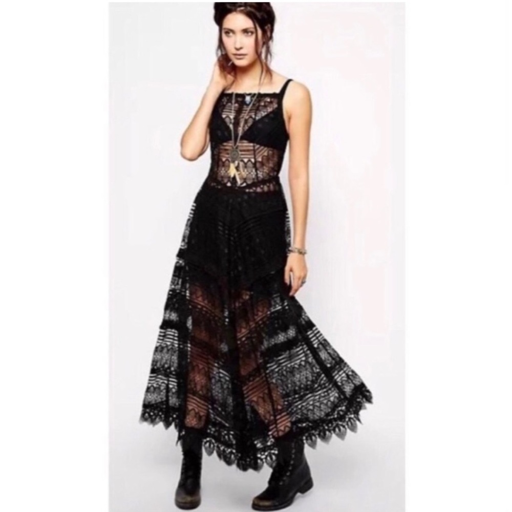 FREE PEOPLE Mitered Meadows Lace Apron Dress Black lace maxi dress